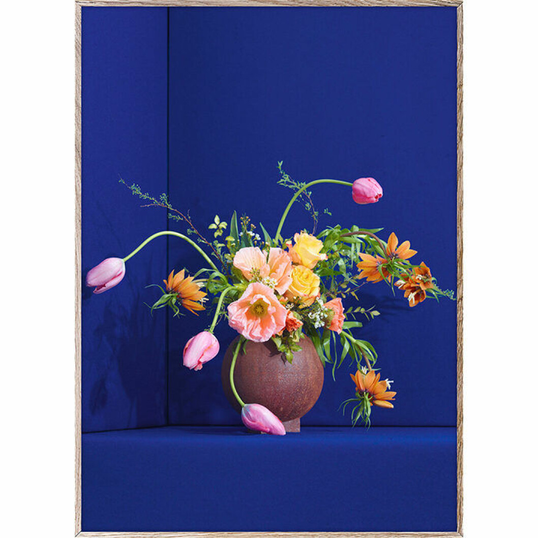 Poster med blommor mot koboltblå bakgrund