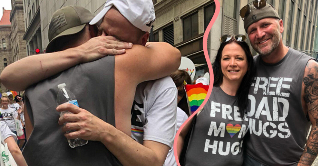 Två män kramas under Pride-paraden i Pittsburgh.