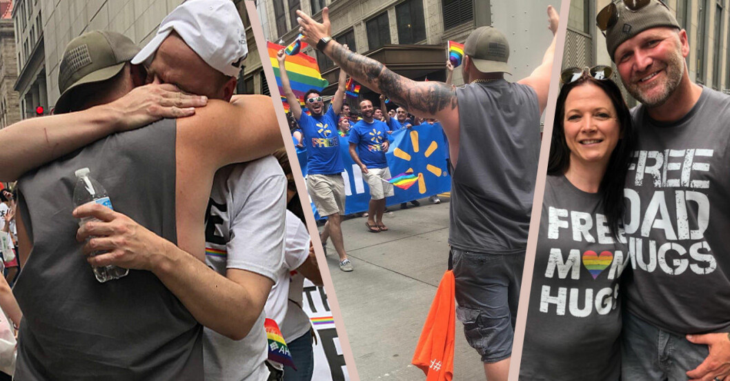 En man delar ut kramar under pride-paraden i Pittsburgh.