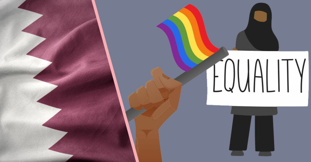 Qatars flagga och kvinnor som blir diskriminerade och homosexuella som får fängelsestraff.