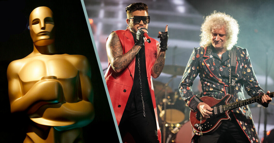 Queen tillsammans med Adam Lambert och oscarsstatyetten.
