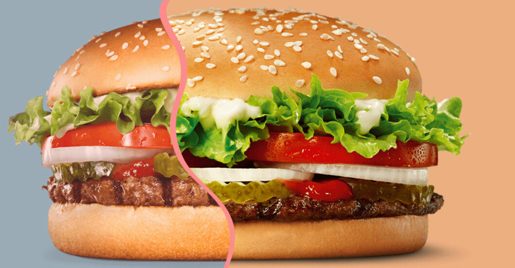 Den vegetariska och den köttbaserade burgaren i Burger Kings nya 50/50-meny.