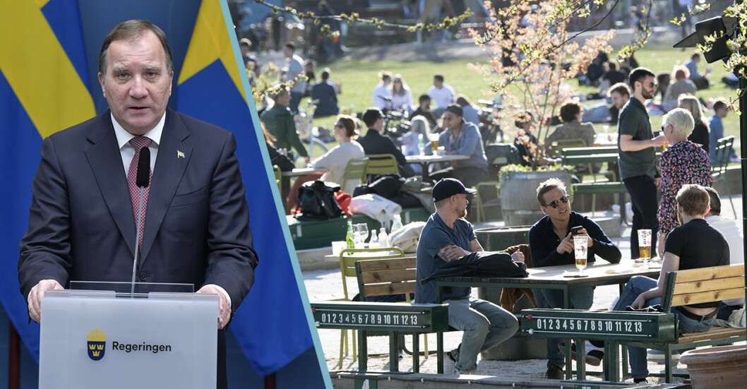 Uteservering i Stockholm och statsminister Stefan Löfven vid en presskonferens.