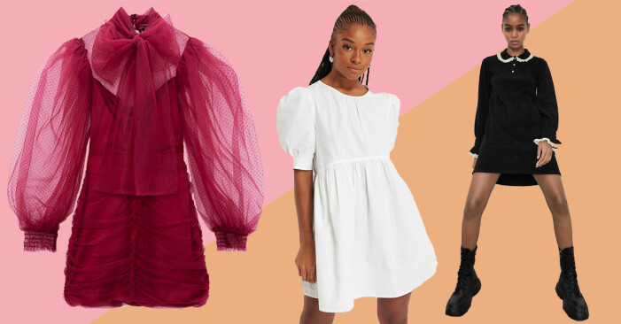 Rosa klänning med tyll från Zara, vit babydoll-klänning med puffärm och svart babydoll-klänning.