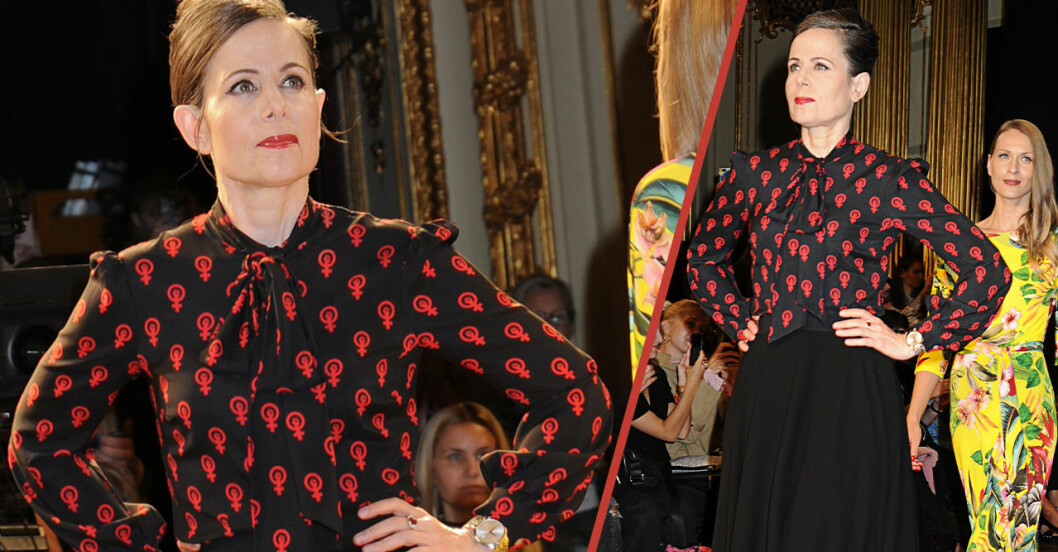 Stockholm Fashion Week, 2018. Foto: TT Sara Danius iklädd sin egen design, knytblusen med kvinnotecken på.
