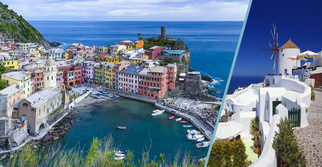Cinque Terre i Italien och Oia på Santorini i Grekland