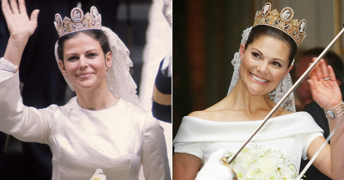 Drottning Silvia vid bröllopet 1976 och kronprinsessan Victoria vid bröllopet 2010.