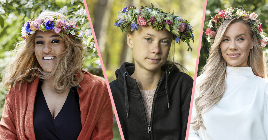 Betlehem isaak, greta Thunberg och Therese Lindgren med blomsterkrans i håret