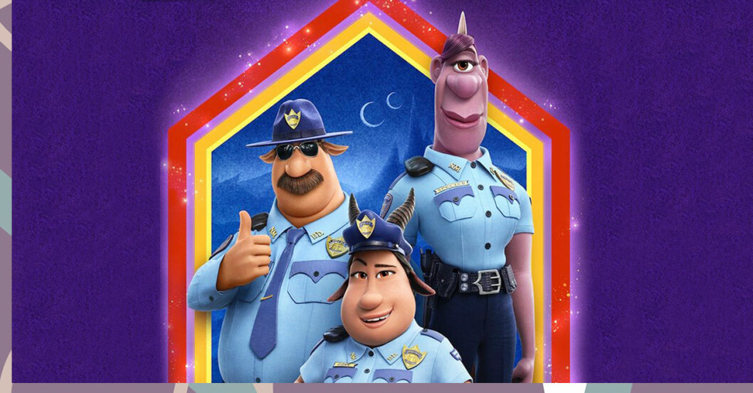 Poliserna i Disneys Framåt framför en lila bakgrund