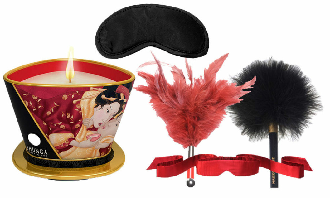 <em>Massageljus från Shunga, svart ögonbindel, Tantra Feather Teaser, La Plumeau Caresse och Intima Silk Blindfold från Lelo.</em> Massageljus från Shunga, svart ögonbindel, Tantra Feather Teaser, La Plumeau Caresse och Intima Silk Blindfold från Lelo.