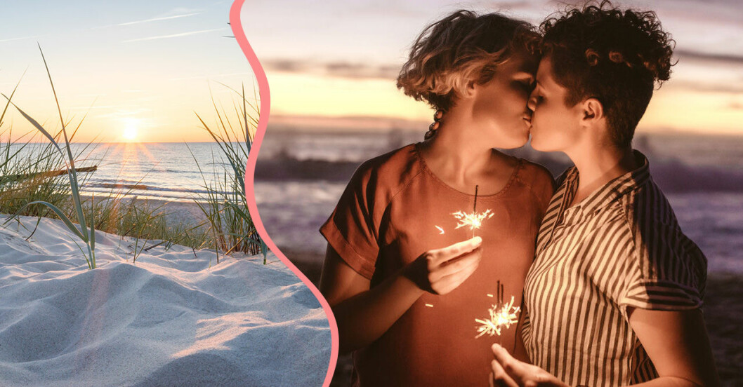 Två turturduvor som ska ha sex på stranden.