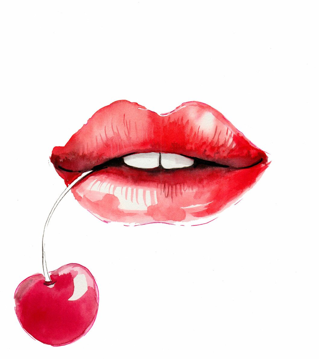 Watercolor painting of a lips with cherry