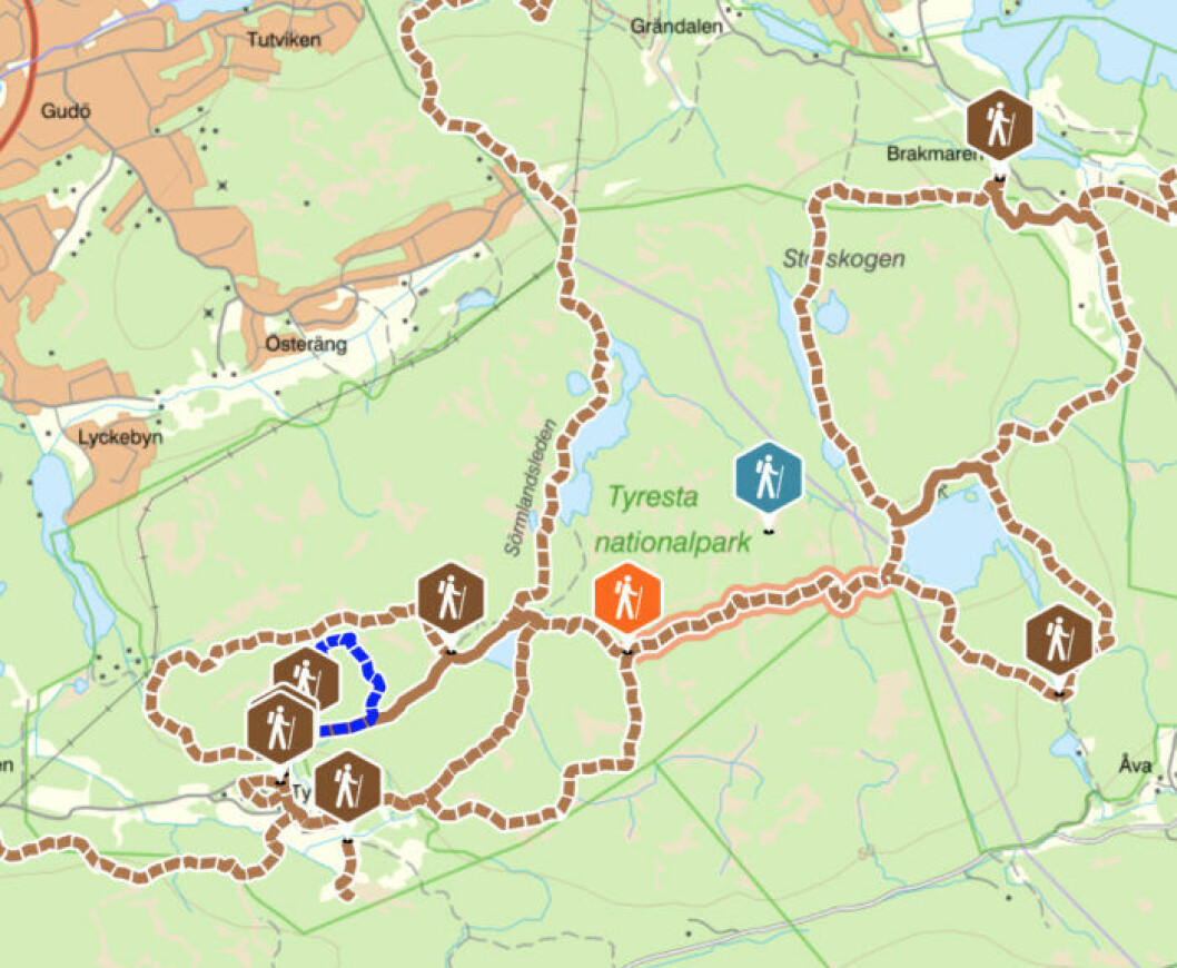 En bit av turen är inte tydligt markerad. <a href="https://naturkartan.se/sv/tyresta" target="_blank" rel="noopener">Se större karta här!</a> Tyresta nationalpark.