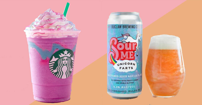 Unicorn-milkshake från Starbucks och unicorn-öl från Unicorn farts.