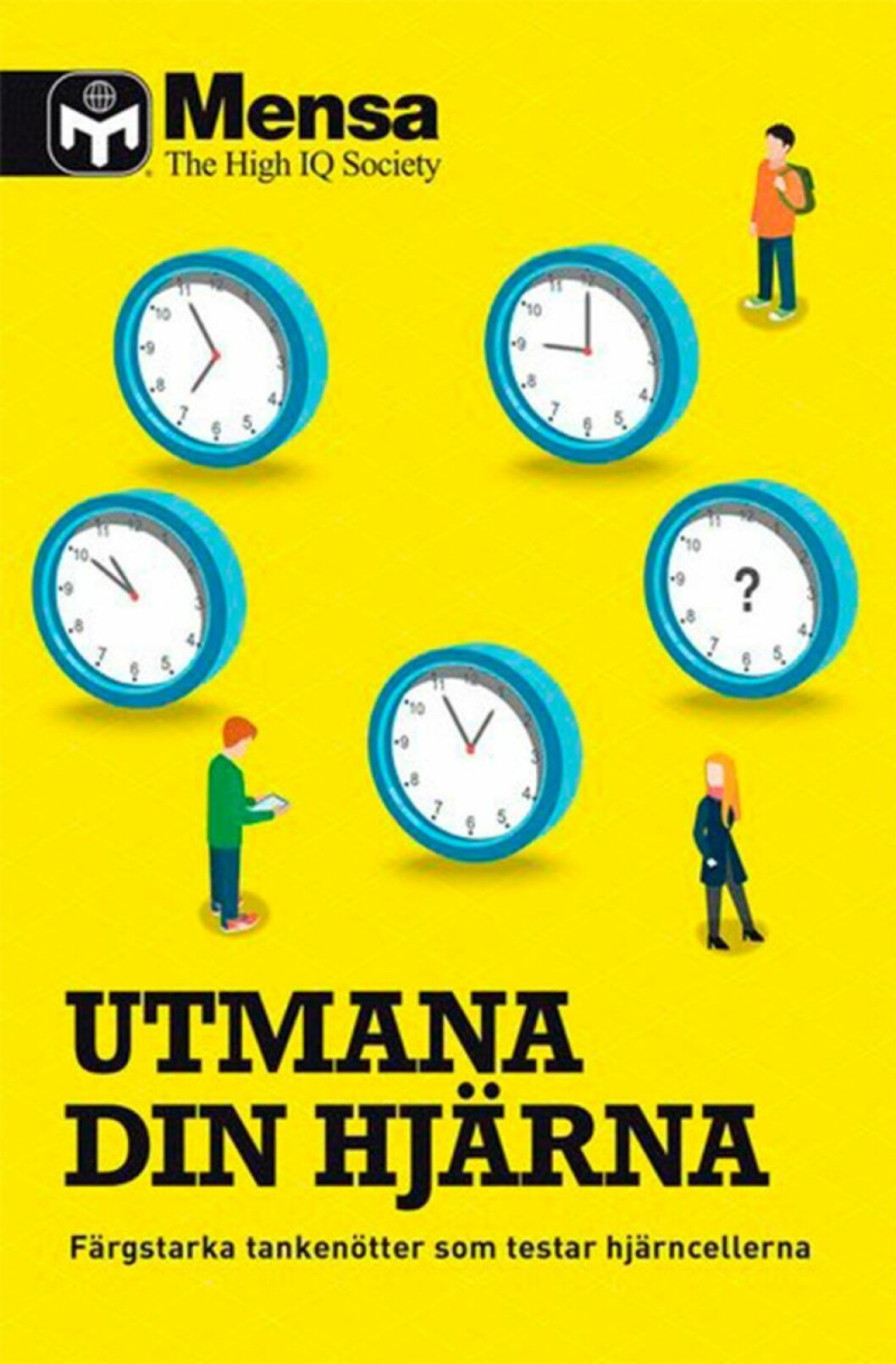 Bokomslag till Utmana din hjärna, tecknade klockor och en man samt kvinna på omslaget.