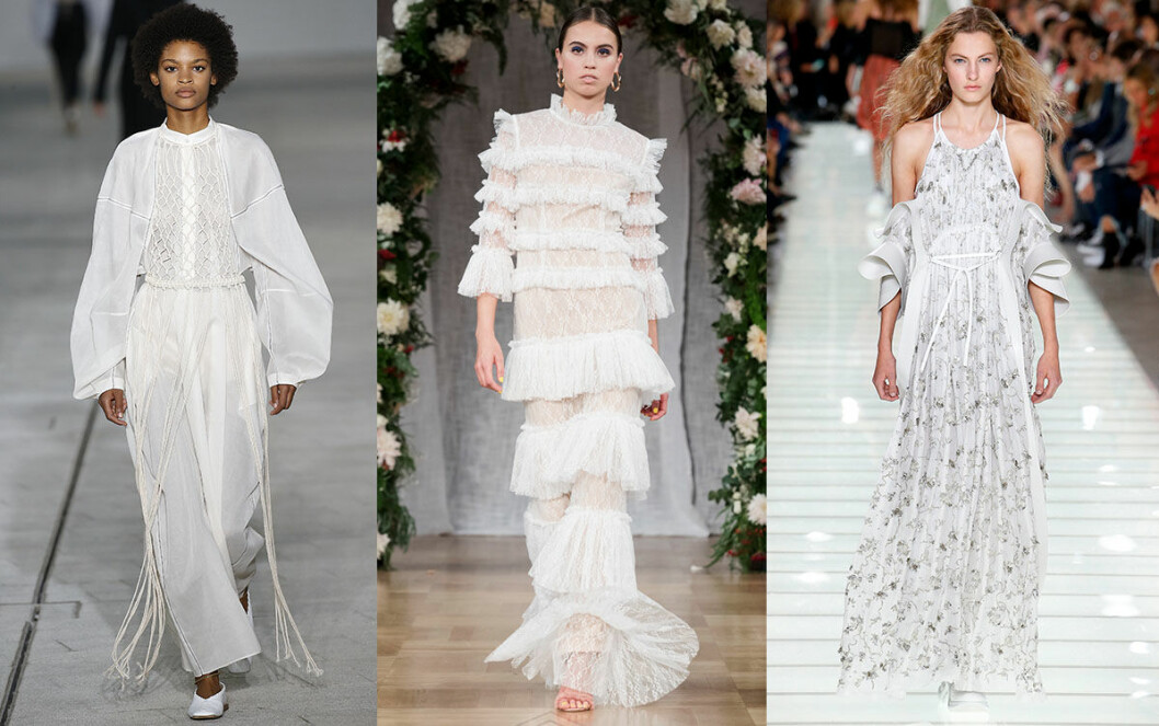 Vita maxiklänningar från Jil Sander, By Malina och Louis Vuitton.