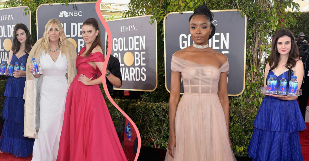 Kvinna med vattenflaskor på Golden Globe som står bakom kändisarna när de fotas.